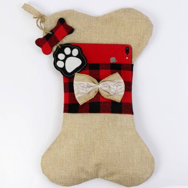 Bone Shaped Buffalo Plaid Christmas Stocking with Bow